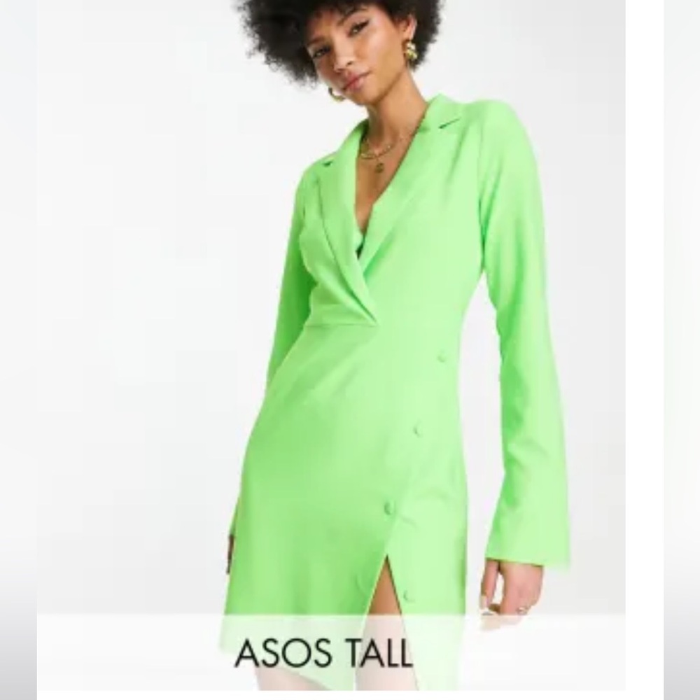 Tall button split skirt blazer mini dress, neon green